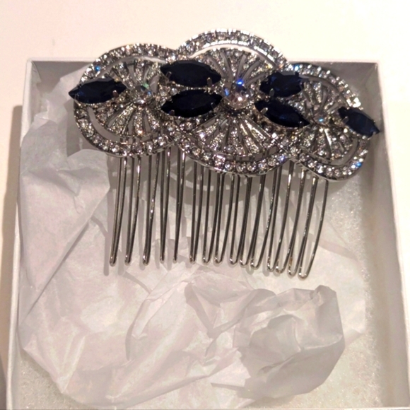 Wedding Hair Comb Navy Blue Bridal Veil Accessory + Earings - BNIB - Picture 4 of 8